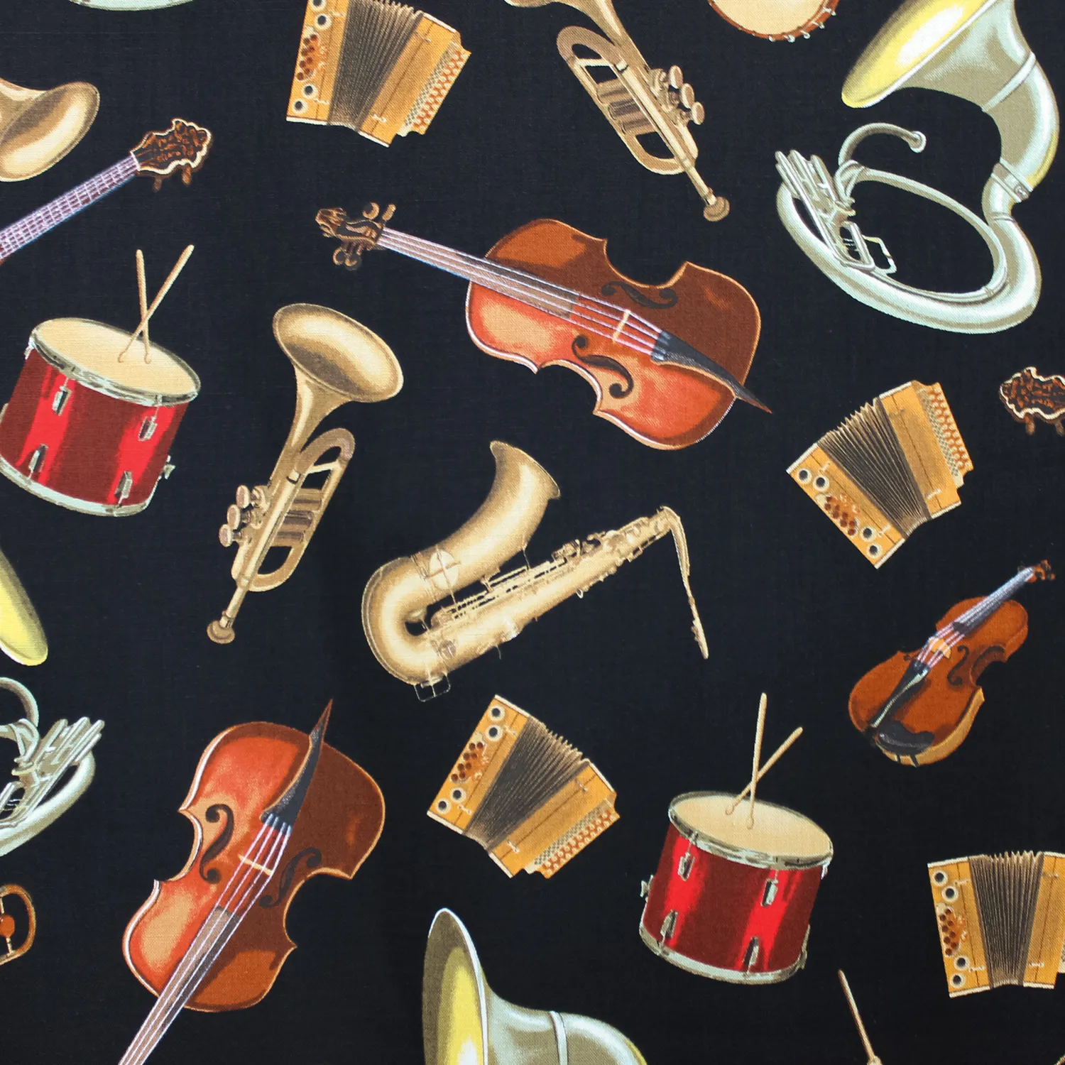 Katoen zwart met muziekinstrumenten
